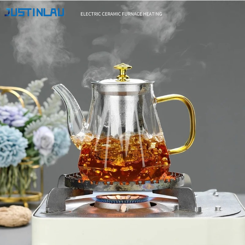 Nettle Leaf Tea - ジャスティンラウ 耐熱ガラスティーポット ホウケイ酸ガラス製 クリアダイヤモンドティーケトル 取り外し可能なステンレス製インフューザー付き ティーウェアセット